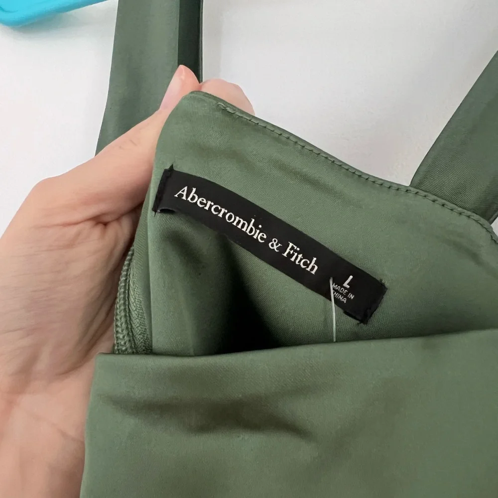 Abercrombie Sculpting Stretch Satin Midi Dress Square-Neck Olive Green - Picture 5 of 12